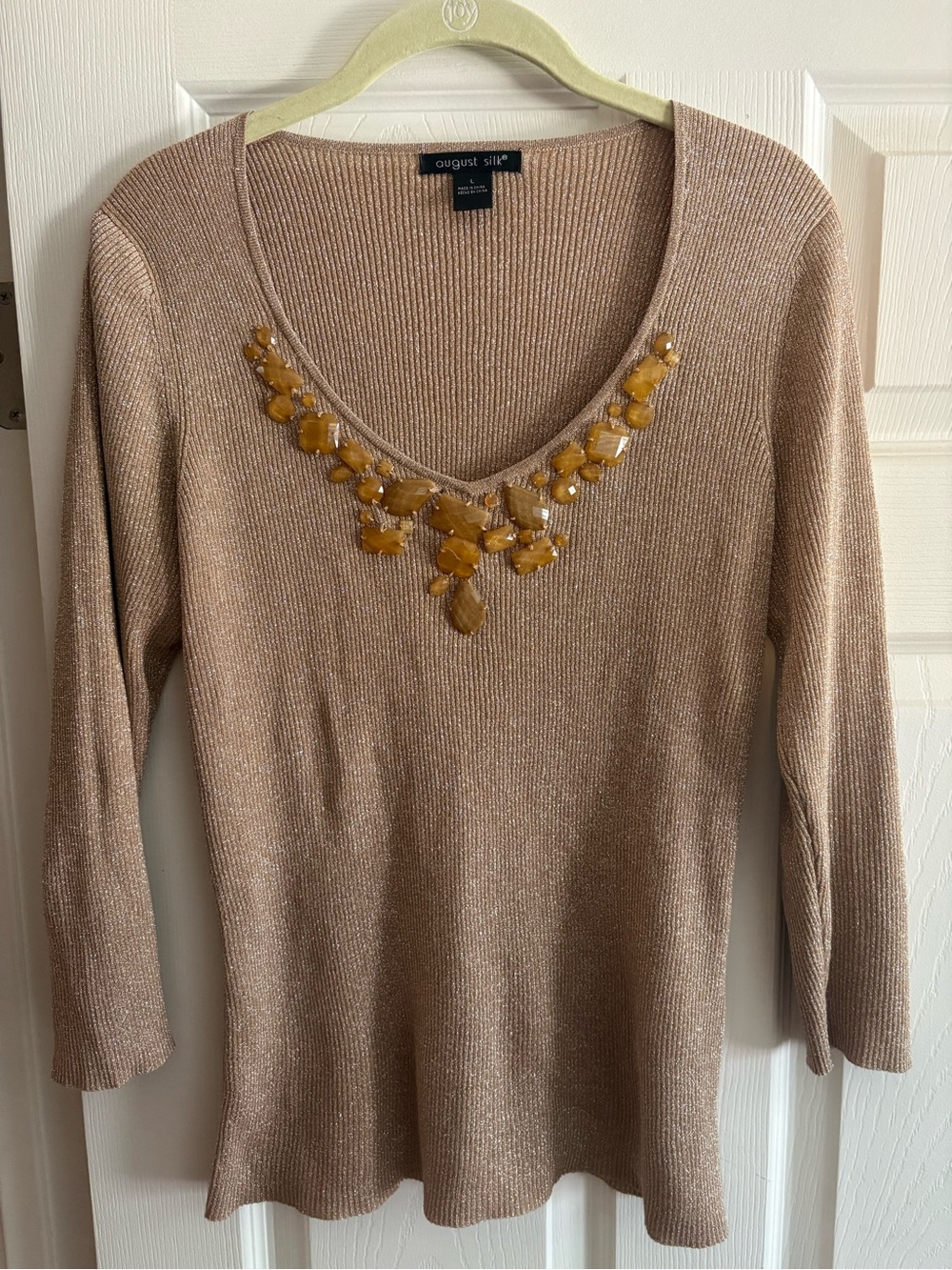 August Silk sparkly 3/4 sleeve pullover v neck sweater silk blend gems L